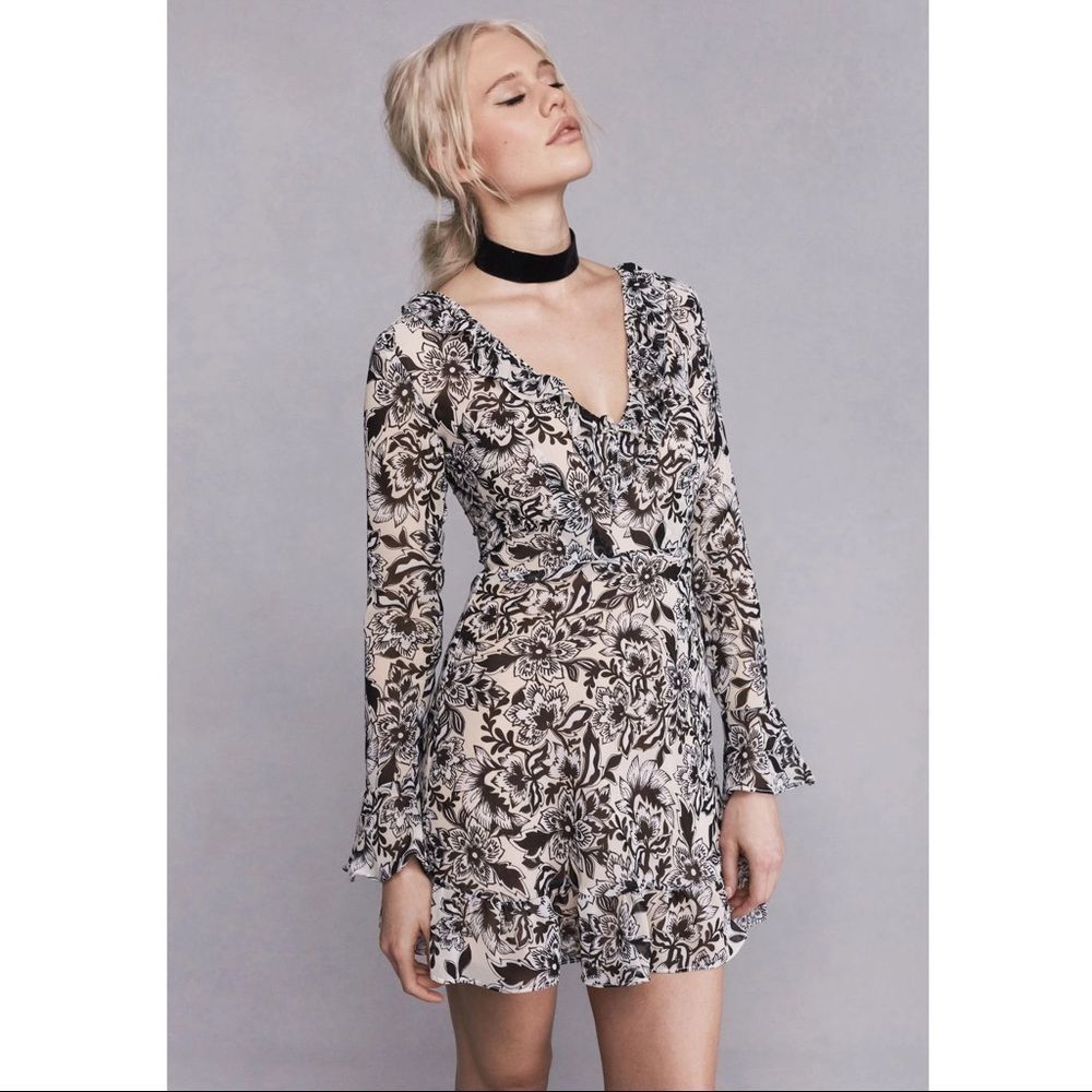For Love & Lemons Gracie Black Floral Mini Dress Size Small Ruffle Bell Sleeves